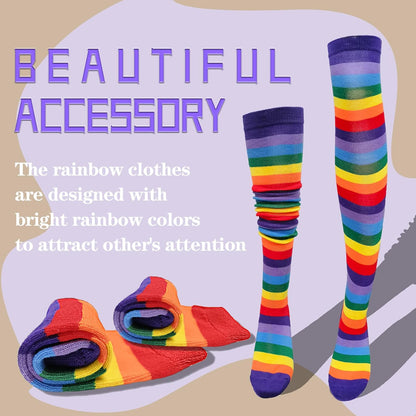 Womens Rainbow Socks Striped Knee High Socks Arm Warmer Fingerless Gloves Set