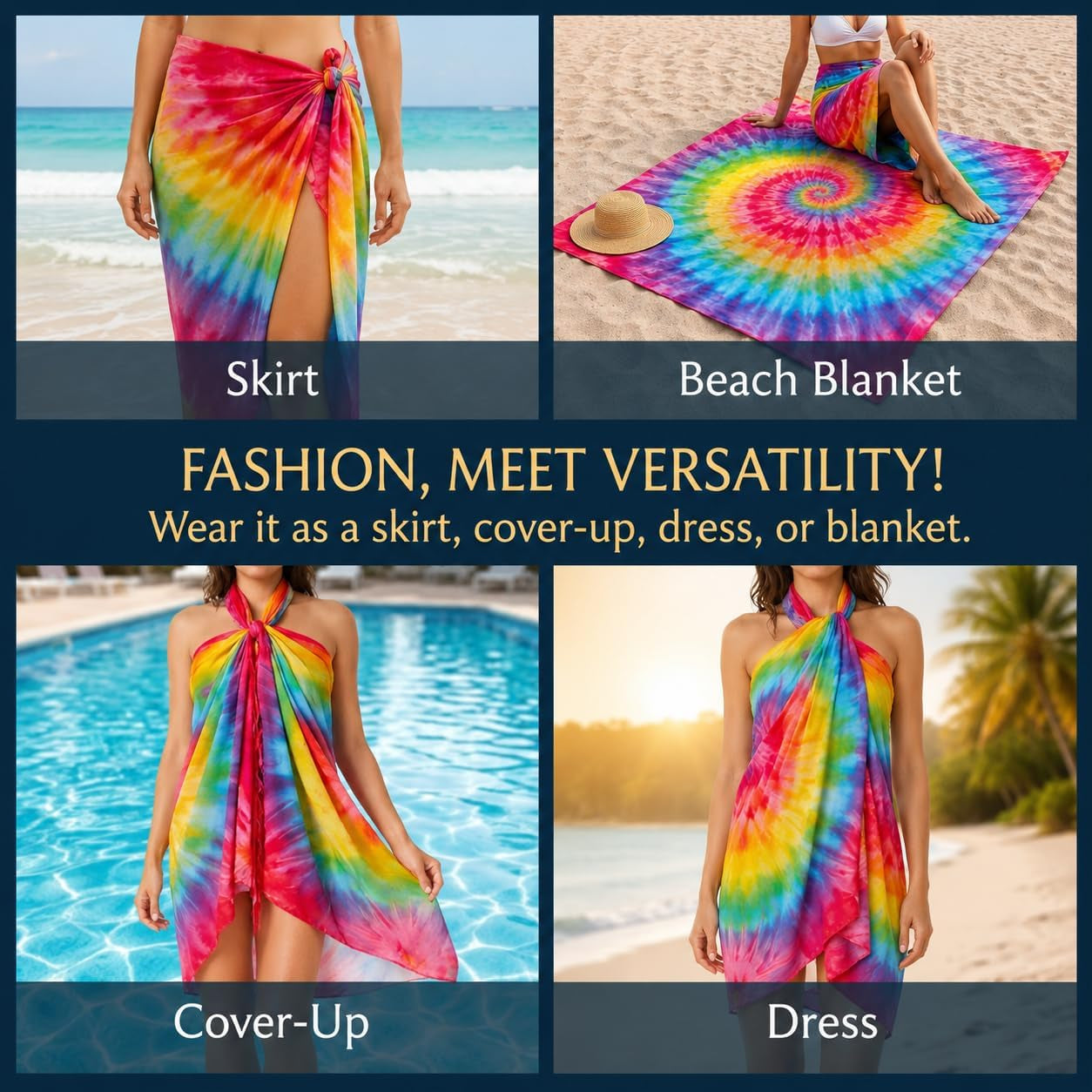 Beach Long Batik Sarong Womens Swimsuit Wrap Cover up Pareo with Coconut Shell Included (Blue)