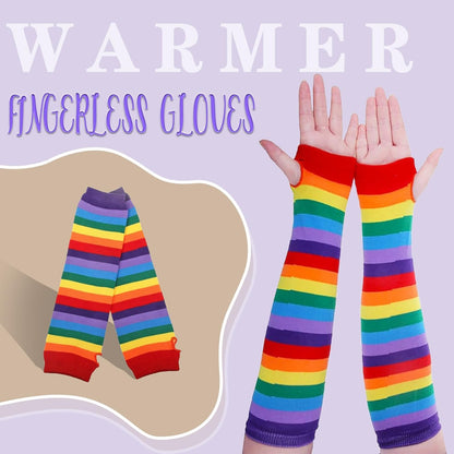 Womens Rainbow Socks Striped Knee High Socks Arm Warmer Fingerless Gloves Set